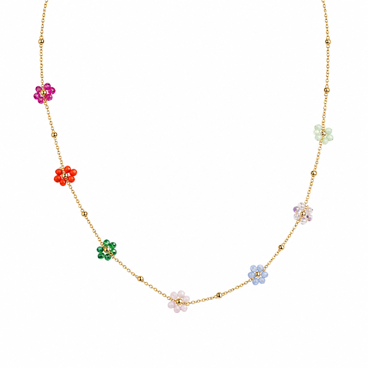 Gold-Edelstahl Kette mit bunten Blüten-Elementen