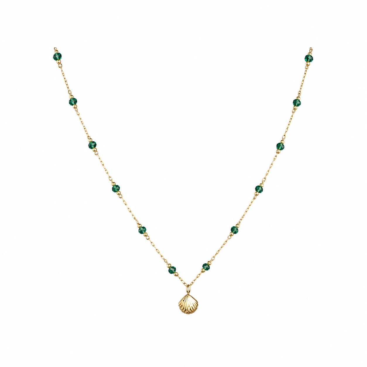 Gold-Edelstahl Kette mit Muschel-Anhänger und grünen Kristallperlen