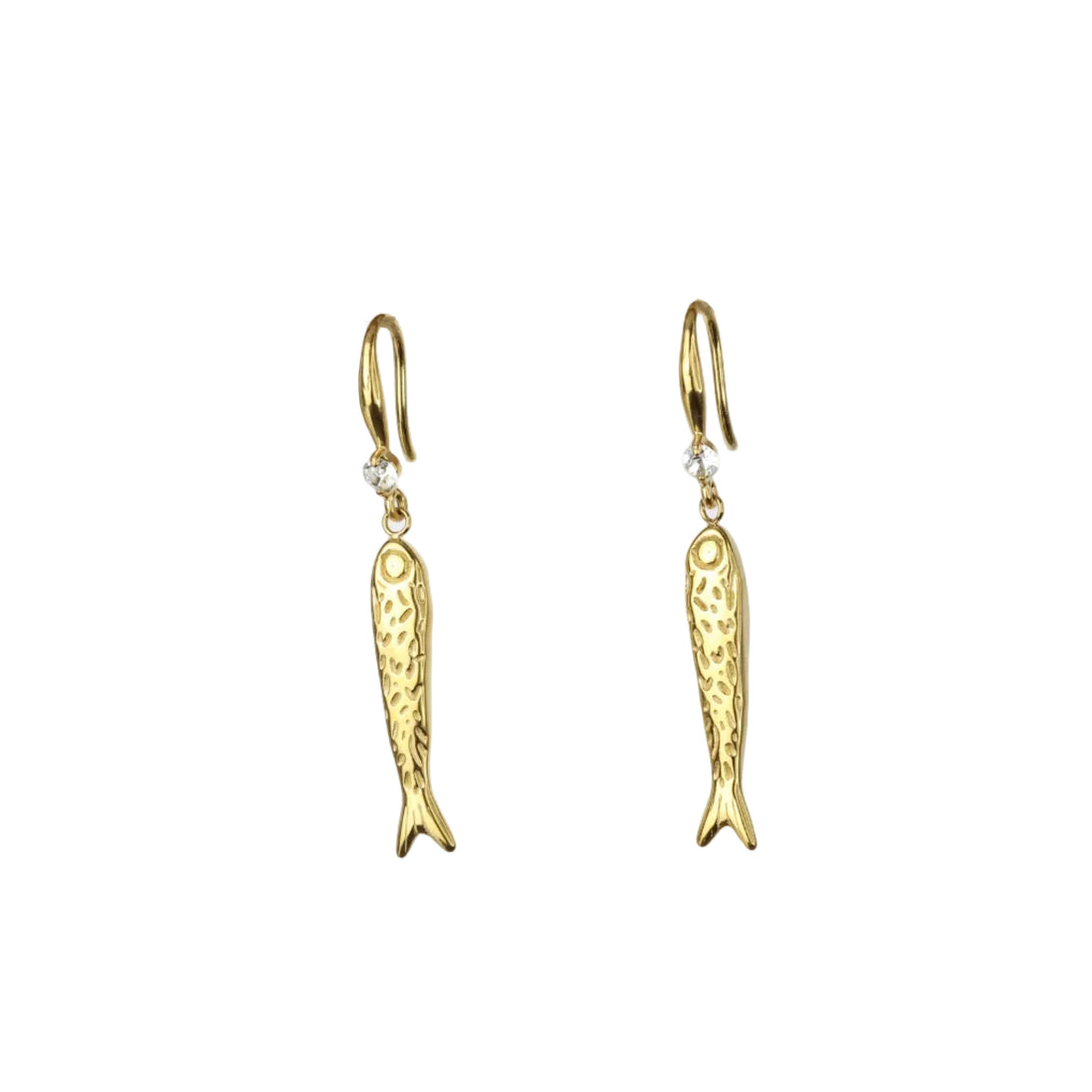 Gold-Edelstahl-Fischhaken-Ohrringe mit Fisch-Anhänger und Kristall