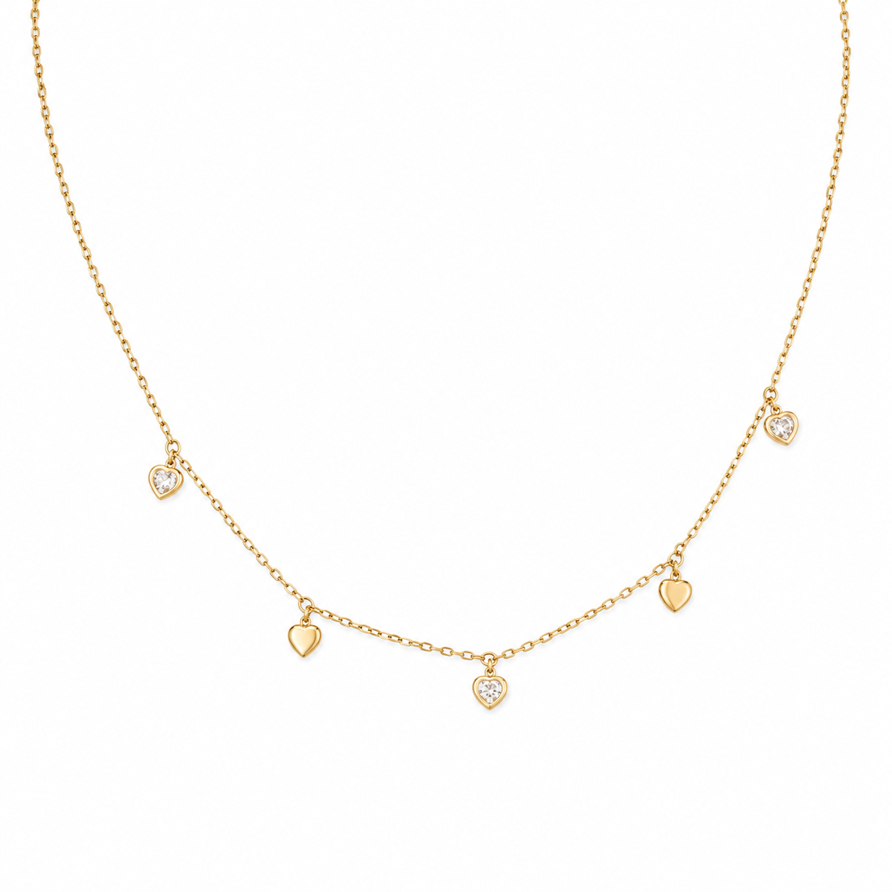 Gold-Edelstahl Kette mit Herz-Anhängern und Kristallen