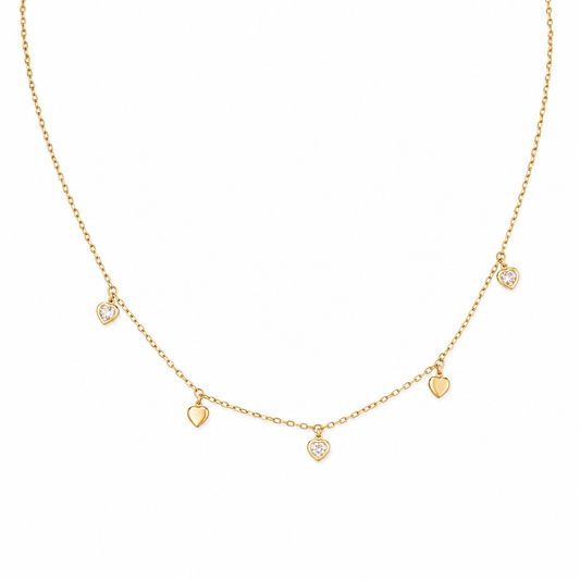 Gold-Edelstahl Kette mit Herz-Anhängern und Kristallen