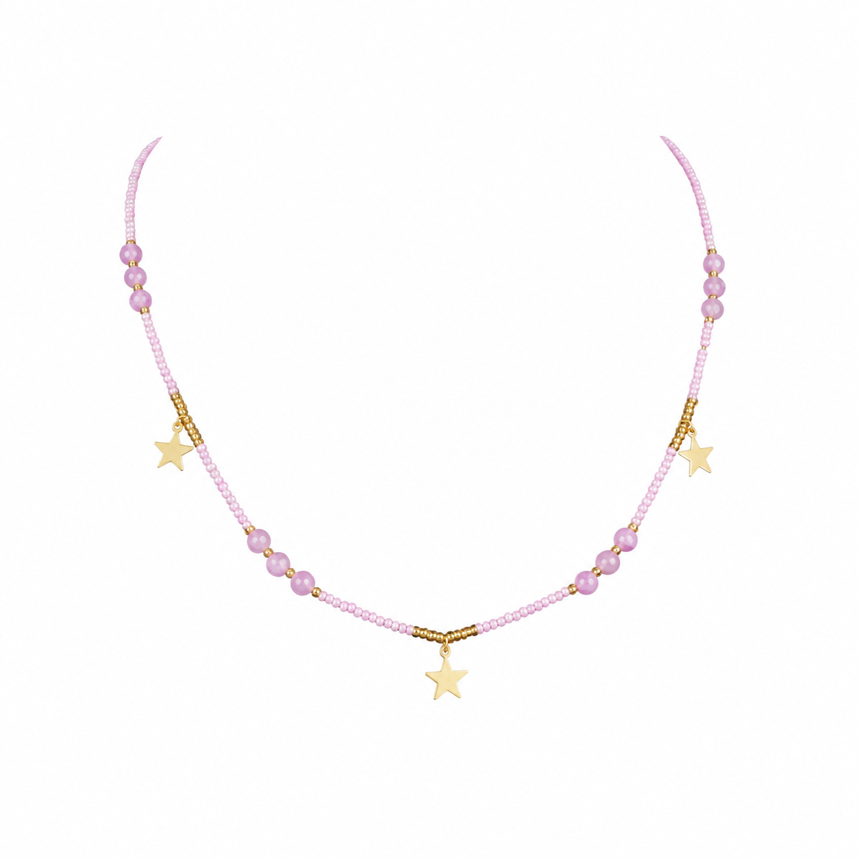 Gold-Edelstahl Perlenkette mit rosa Perlen und Stern-Anhängern