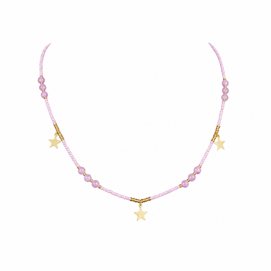 Gold-Edelstahl Perlenkette mit rosa Perlen und Stern-Anhängern
