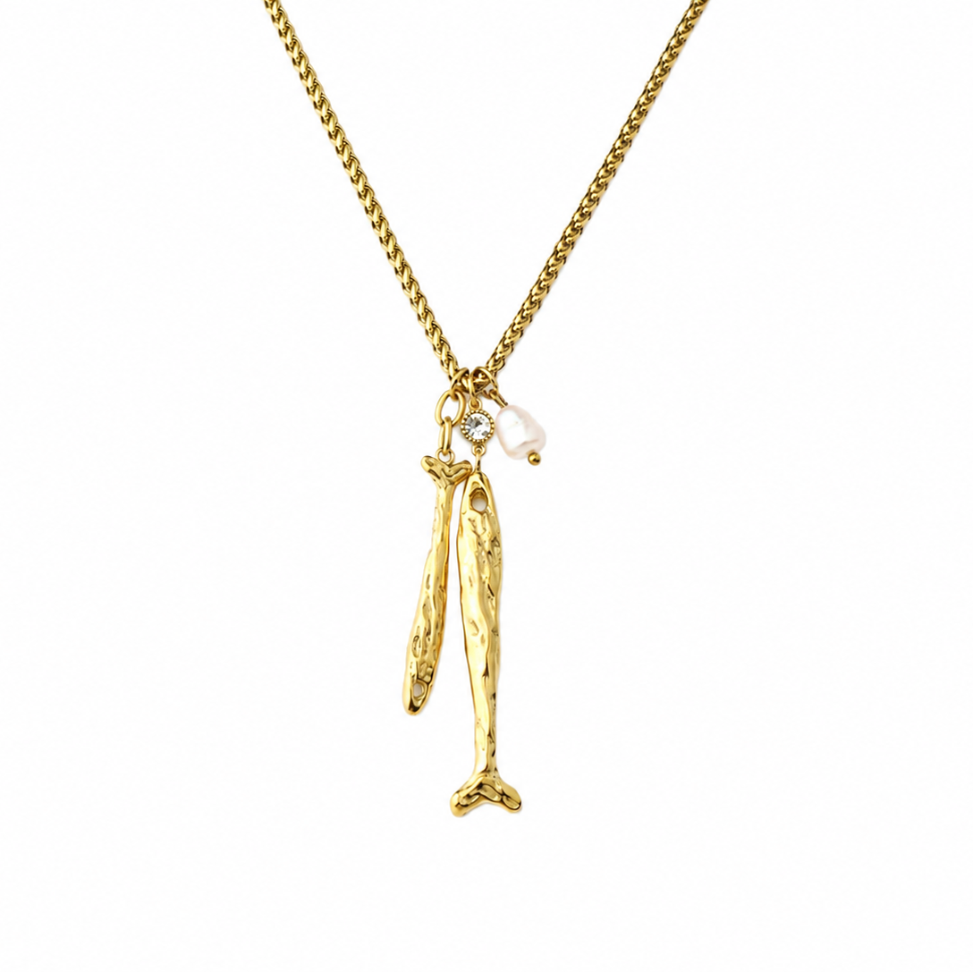Gold-Edelstahl-Kette mit zwei Fisch-Anhängern und Perle