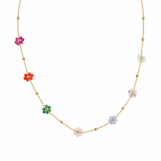 Gold-Edelstahl Kette mit bunten Blüten-Elementen