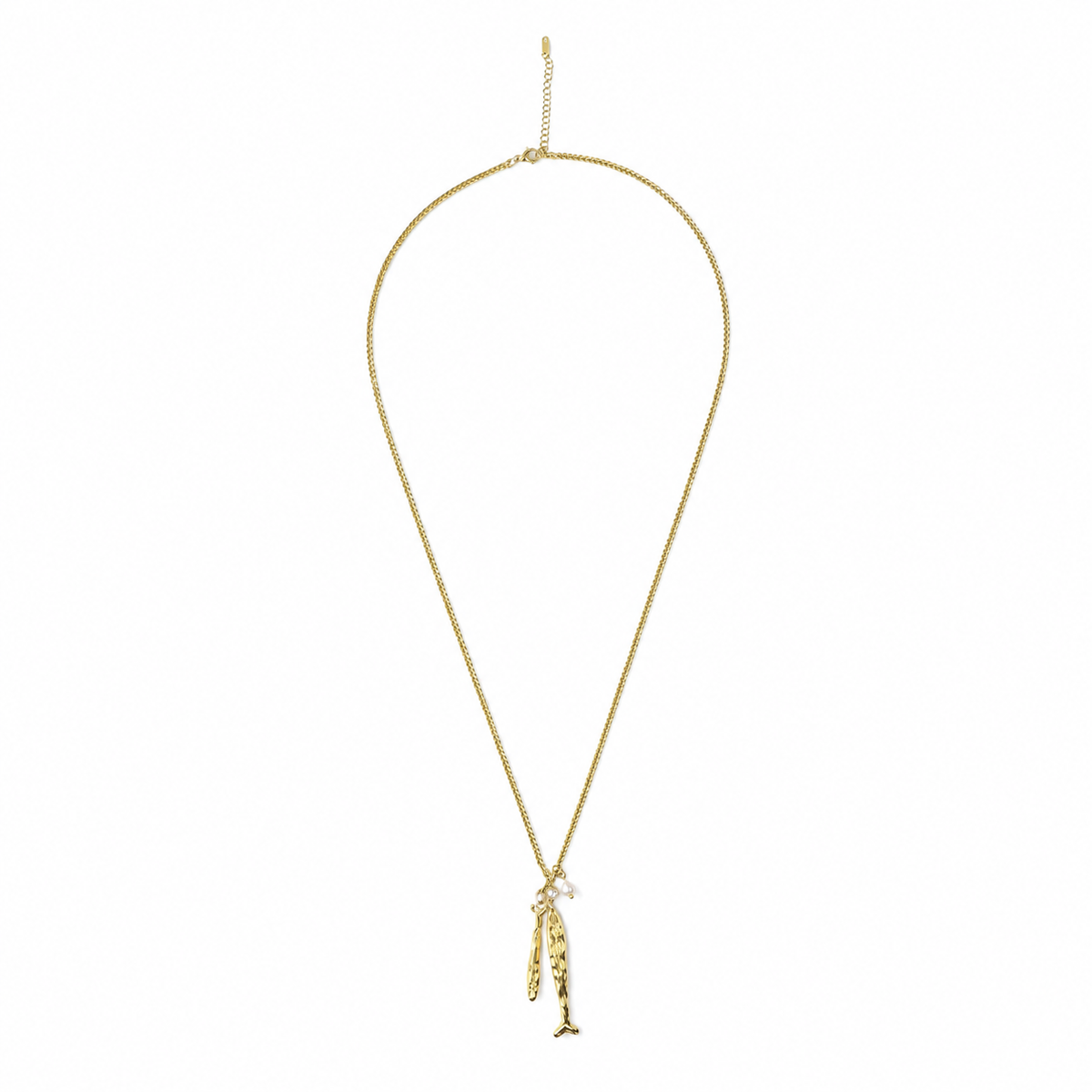 Gold-Edelstahl-Kette mit zwei Fisch-Anhängern und Perle