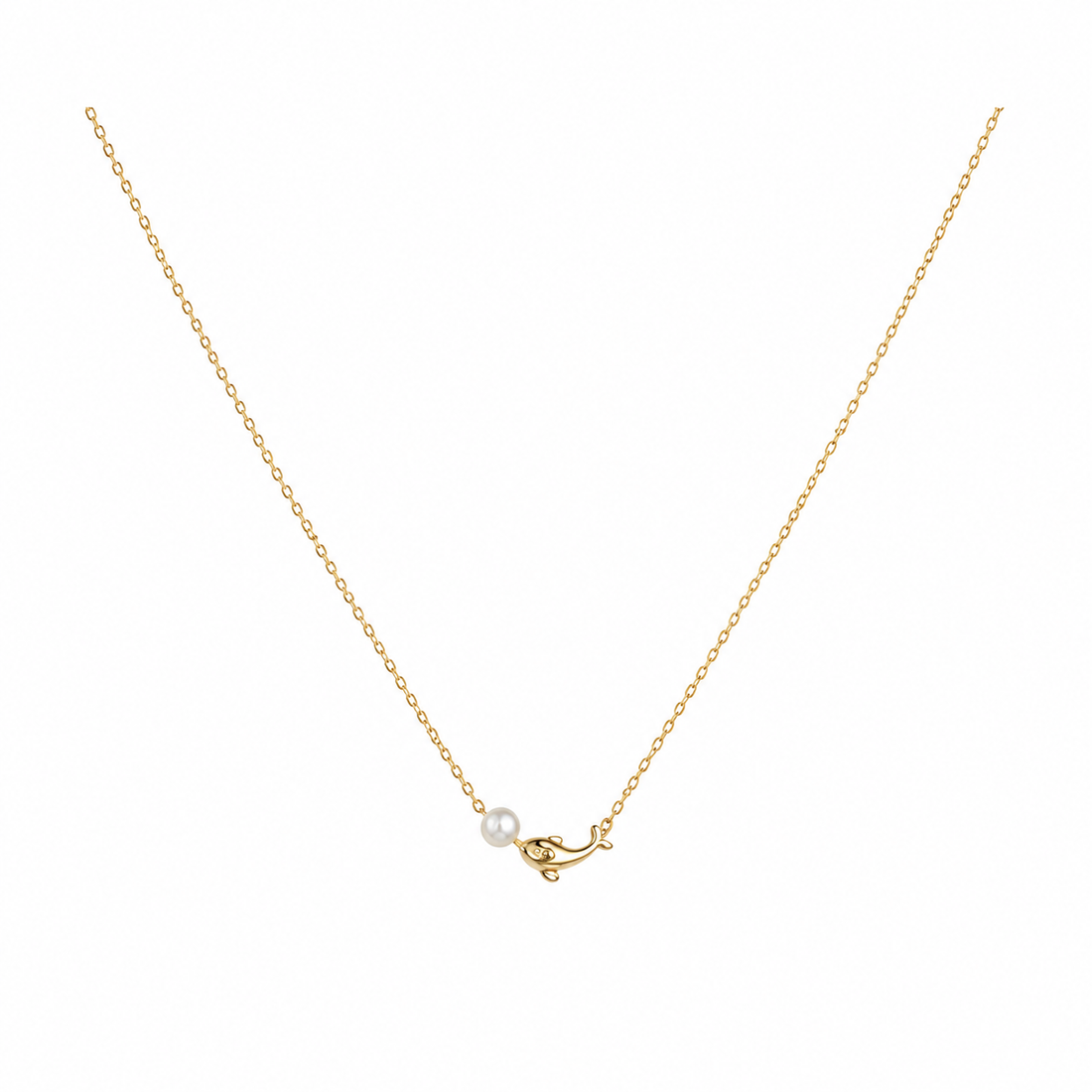 Sehr zarte Gold-Edelstahl Kette mit Delfin- und Perlen-Element