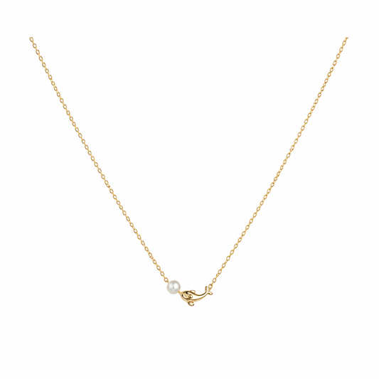 Sehr zarte Gold-Edelstahl Kette mit Delfin- und Perlen-Element