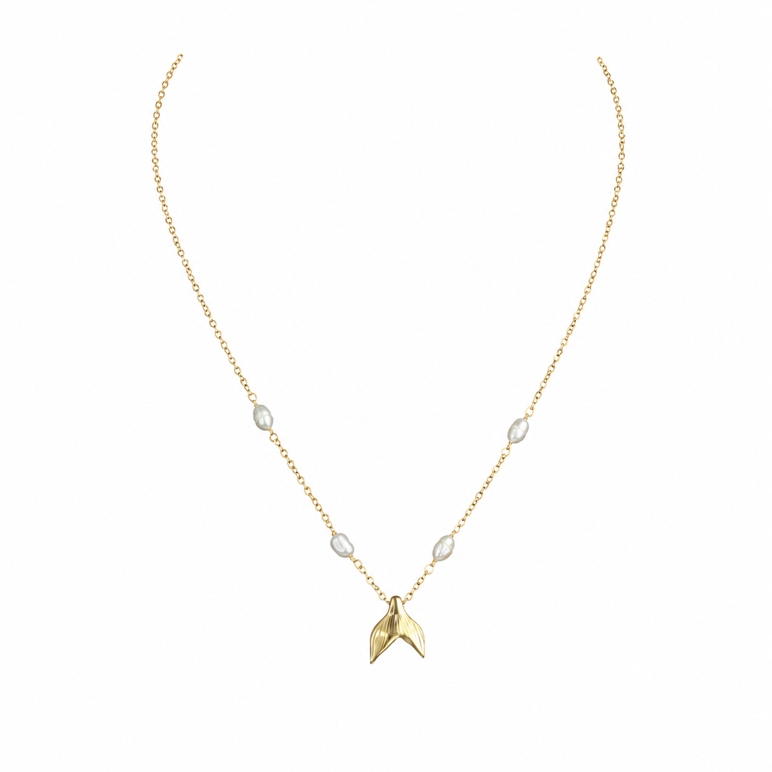 Gold-Edelstahl Kette mit Walflossen-Anhänger und Perlen