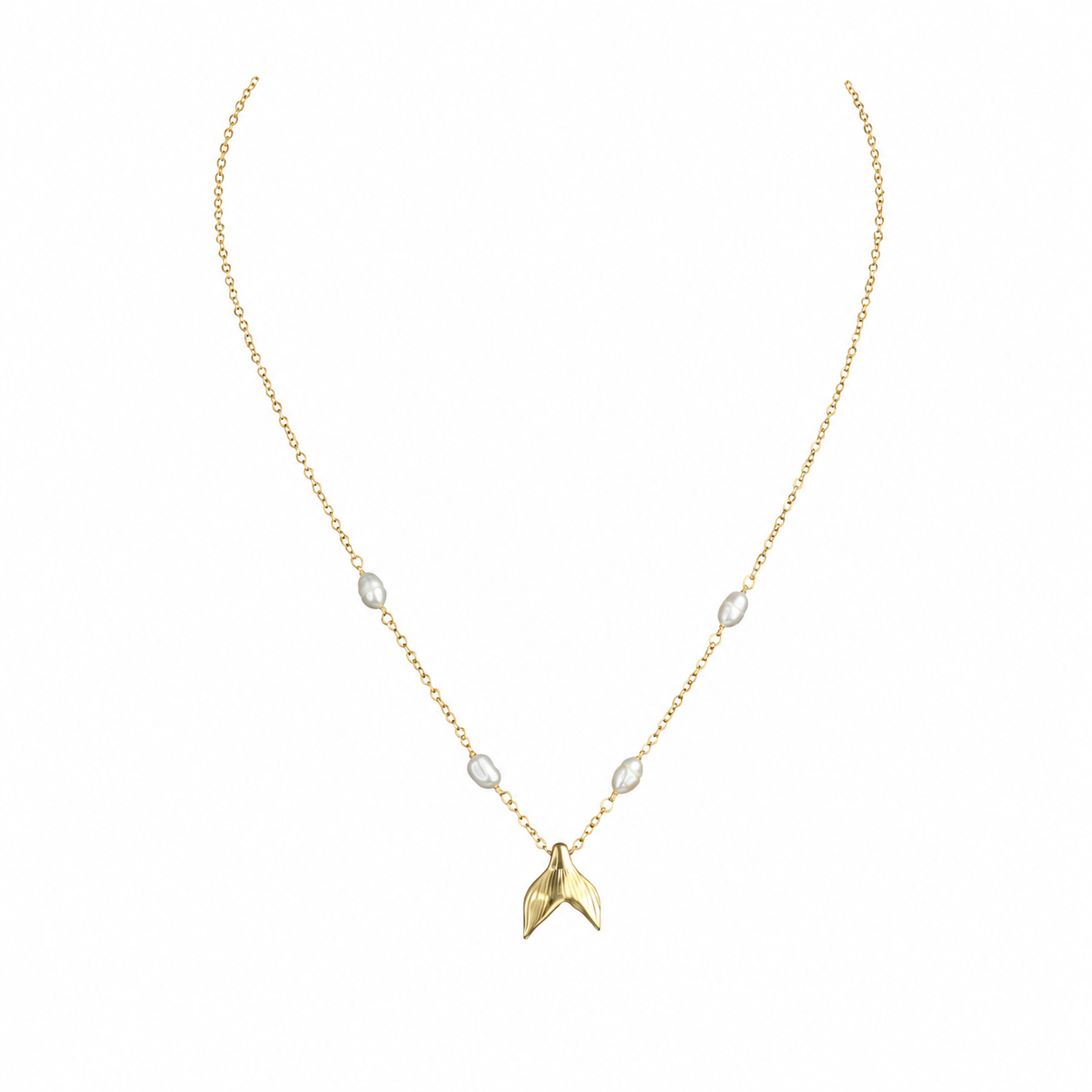 Gold-Edelstahl Kette mit Walflossen-Anhänger und Perlen