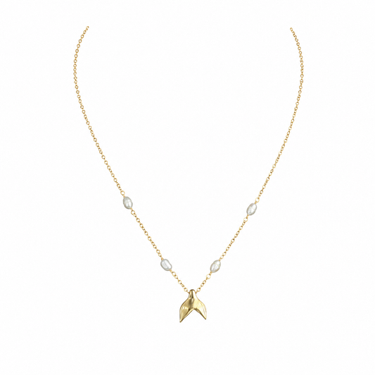 Gold-Edelstahl Kette mit Walflossen-Anhänger und Perlen