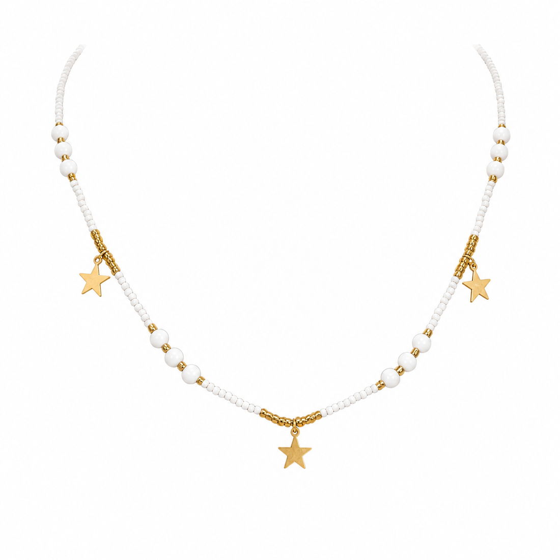 Gold-Edelstahl Perlenkette mit weißen Perlen und Stern-Anhängern