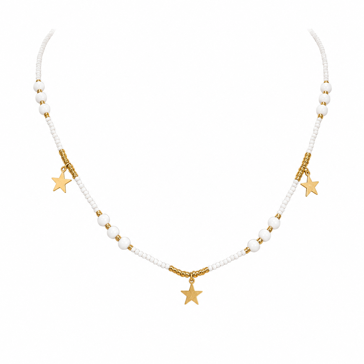 Gold-Edelstahl Perlenkette mit weißen Perlen und Stern-Anhängern