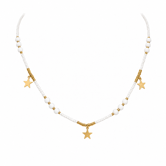 Gold-Edelstahl Perlenkette mit weißen Perlen und Stern-Anhängern