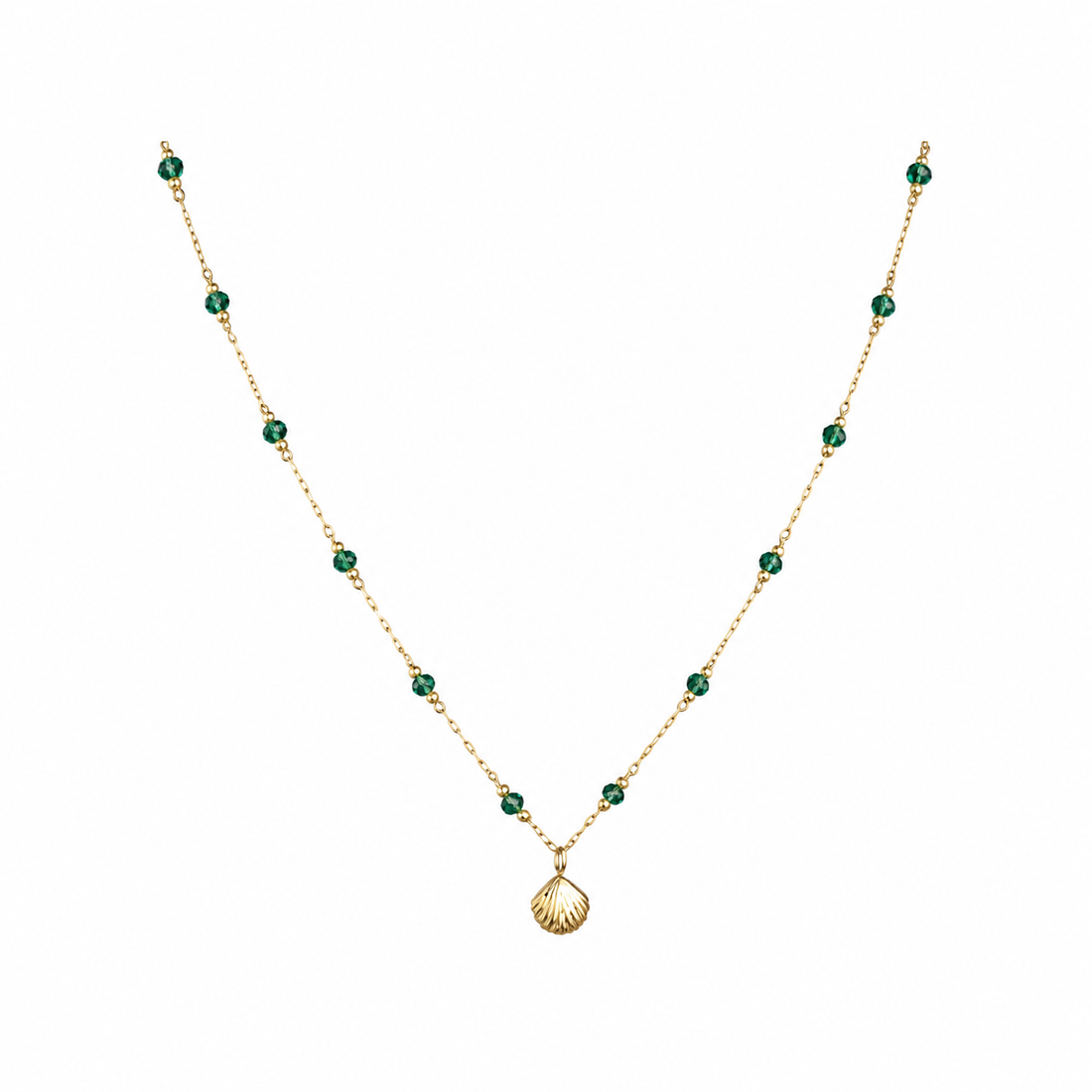 Gold-Edelstahl Kette mit Muschel-Anhänger und grünen Kristallperlen